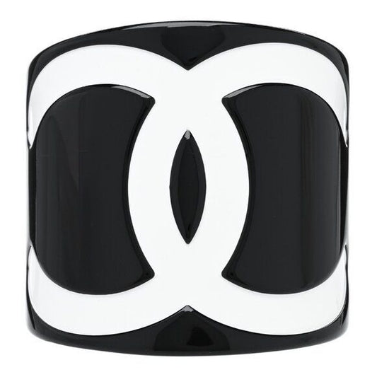 CHANEL CC Logo Vintage Bracelet Cuff Bangle Black White Wide