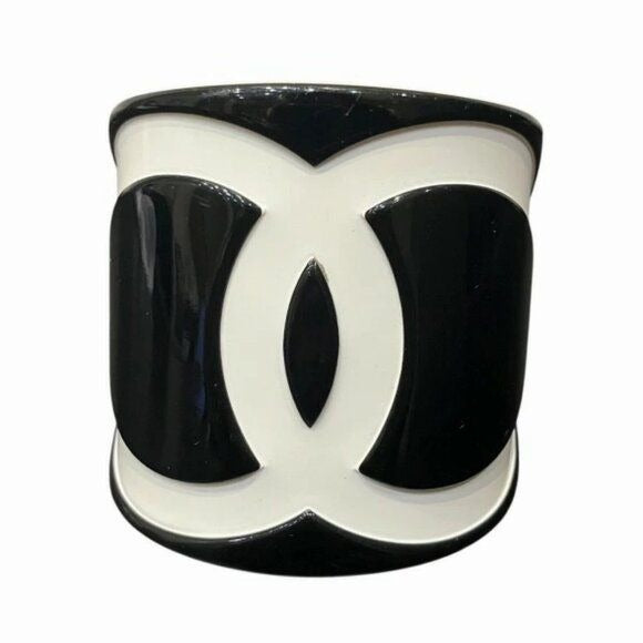 CHANEL CC Logo Vintage Bracelet Cuff Bangle Black White Wide