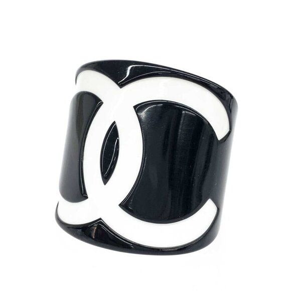 CHANEL CC Logo Vintage Bracelet Cuff Bangle Black White Wide
