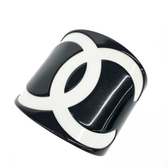 CHANEL CC Logo Vintage Bracelet Cuff Bangle Black White Wide