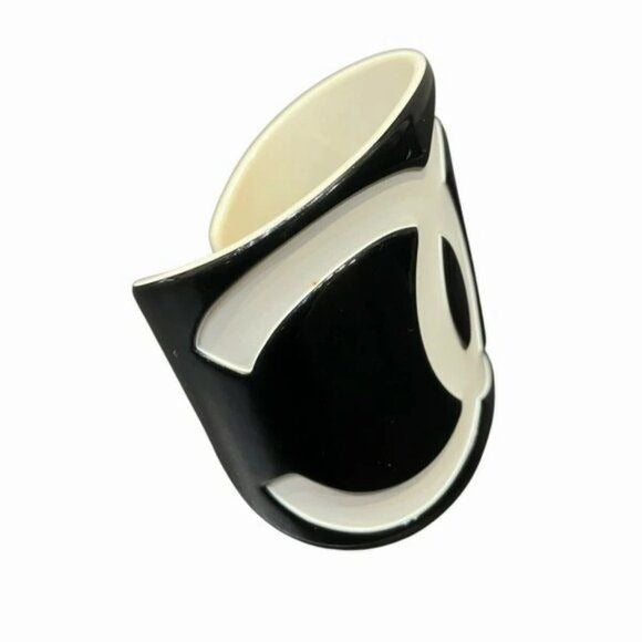 CHANEL CC Logo Vintage Bracelet Cuff Bangle Black White Wide