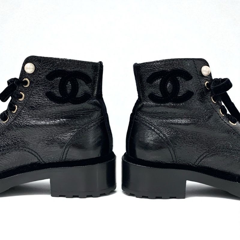 Chanel Boots Short Shoes Leather Velor Black Coco Mark Pearl Lace Up