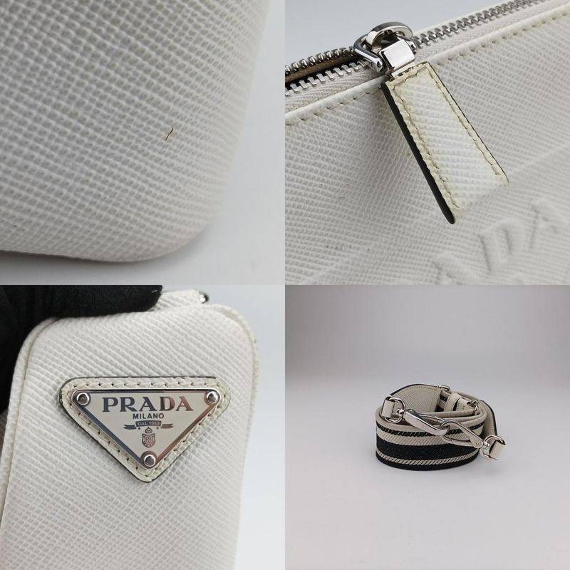 Prada Triangle Logo Plate White Saffiano Leather Handbag Shoulder Bag Tote Purse