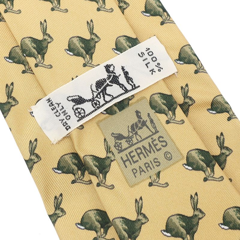Hermes Necktie Animal Print 8.5cm (3.35in) Silk Yellow and Green Yellow Kangaroo