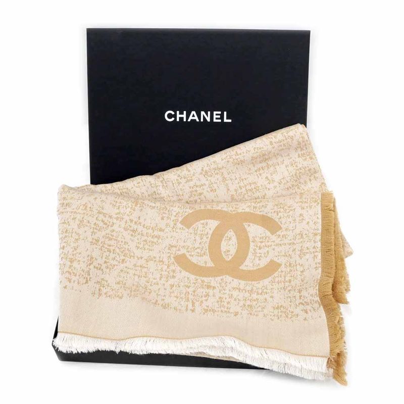 Chanel Large Shawl CC Mark Beige Wool Shawl Fringe Ladies Women
