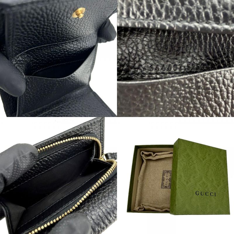 Gucci Trifold Wallet 644407 GG Marmont Leather Black Gold Hardware Compact