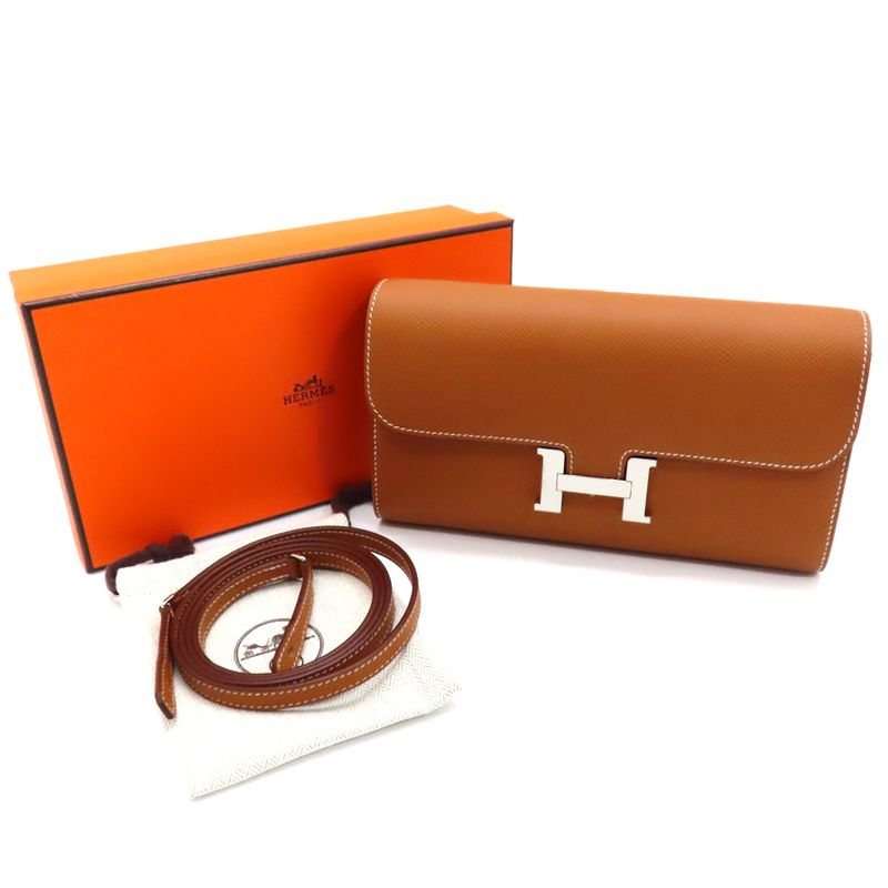 Unused Hermes Constance To-go-w Engraved Long Wallet Pouch Epson Gold