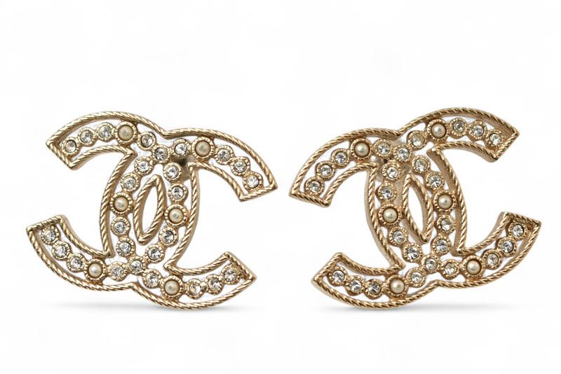 Chanel Earrings Chanel Accessories CC Logo Rhinestone Pearl Motif Gold B19
