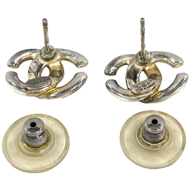Chanel Coco Mark Earrings Silver Stamped Metal 01P
