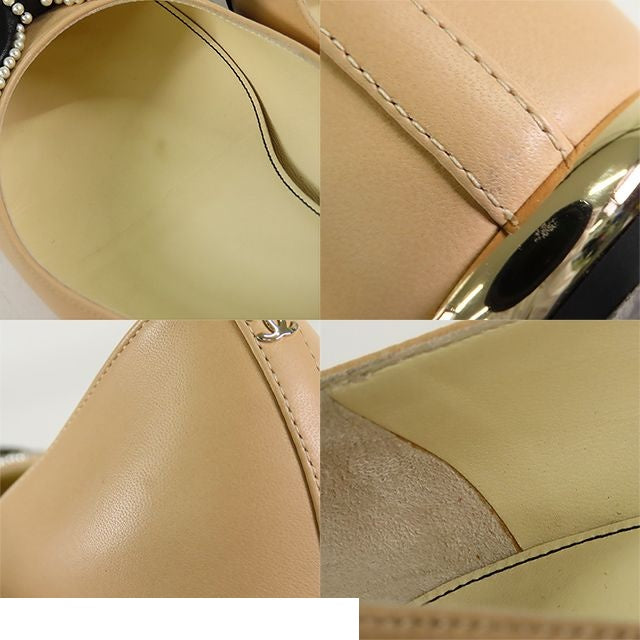 Chanel Ribbon Pumps Beige Black Leather Costume Pearl Round to Ro Heels — view 8