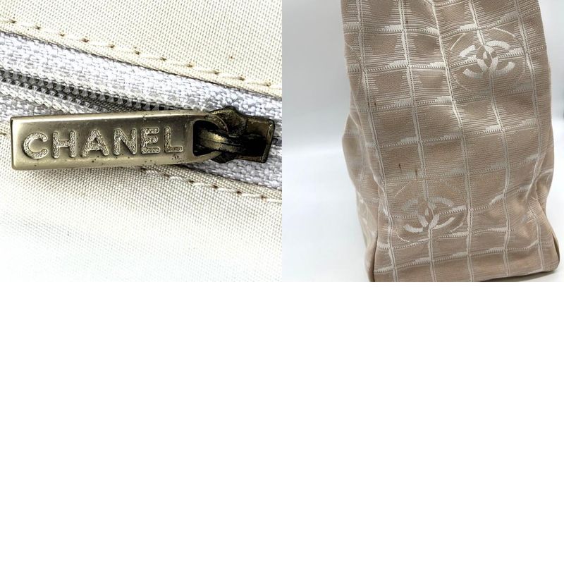Chanel New Travel Line MM Tote Bag Handbag Nylon Leather Beige Ladies Men