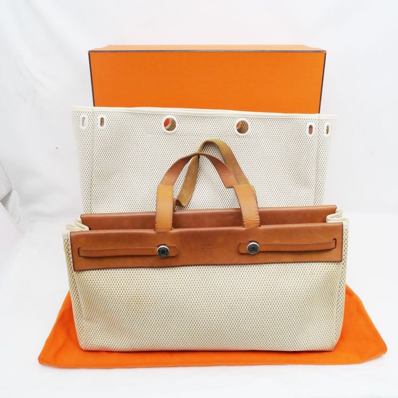 Hermes Herbag Her Bag Cabas MM Toile GM Tote Bag Hand Silver Hardware