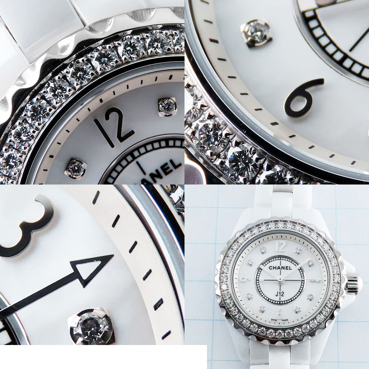 Chanel White Shell Diamond Ceramic SS Bezel Box Watch — view 8