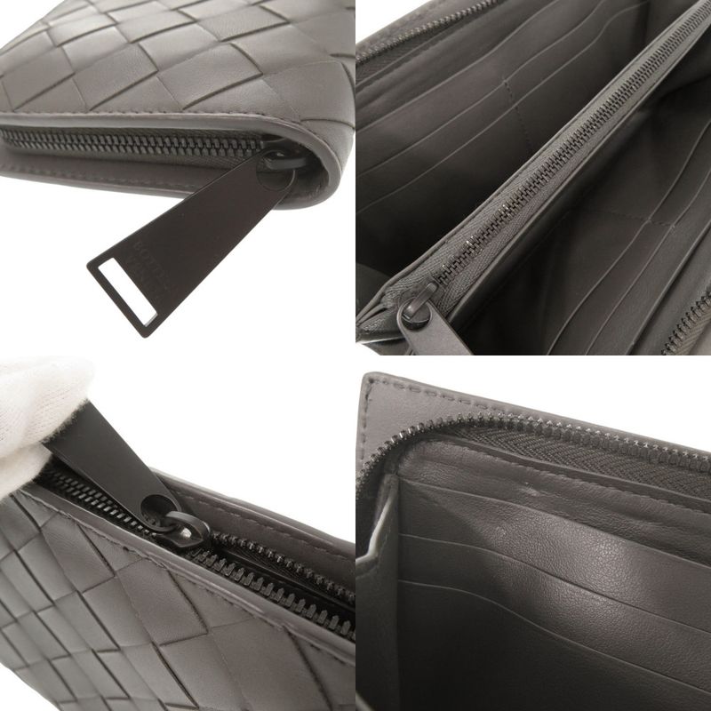 Bottega Veneta Intrecciato Leather Gray Round Zipper Long Wallet 0510 Bottega