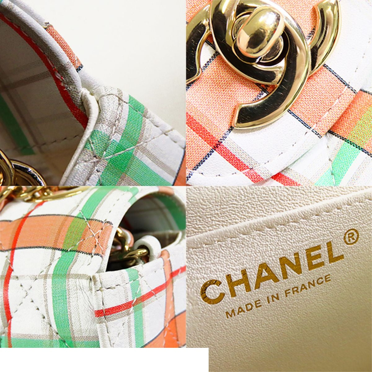 Chanel Single Flap Bag White Orange Green Leather Mini Quilted 20 Plaid Chain — view 8