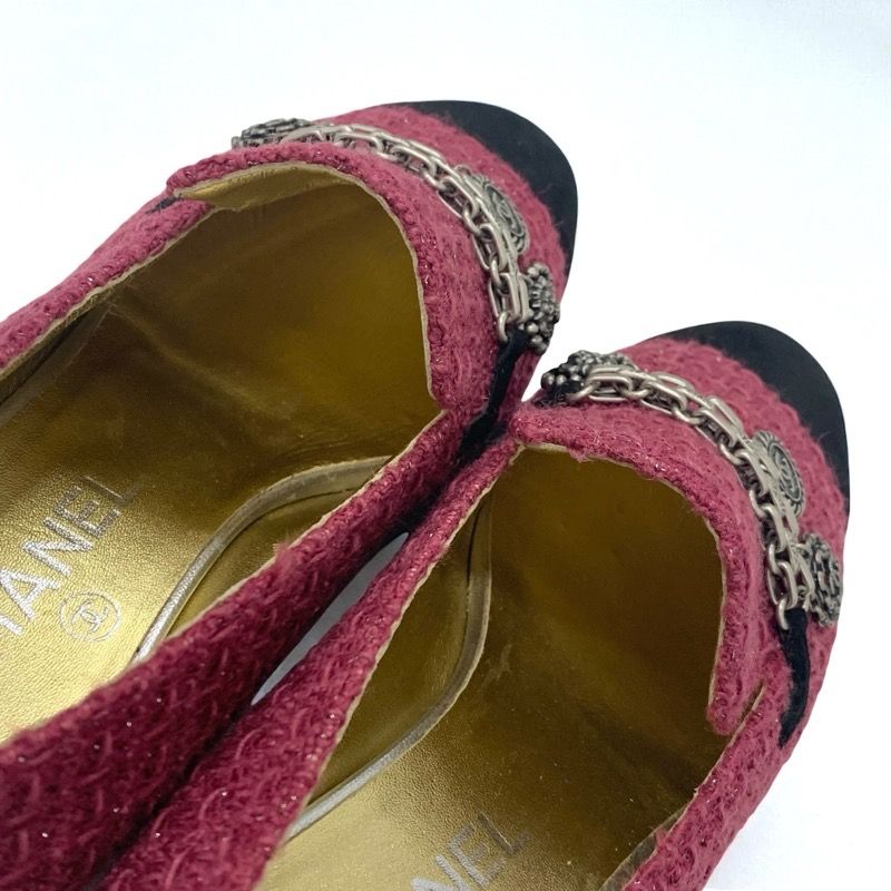 Chanel Flat Shoes Tweed Suede Pink Black Here Mark Chain Charm Opera Shoes