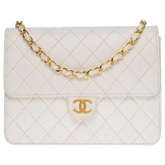 CHANEL Classic Single Flap Bag Quilted Matelasse Lambskin White Purse