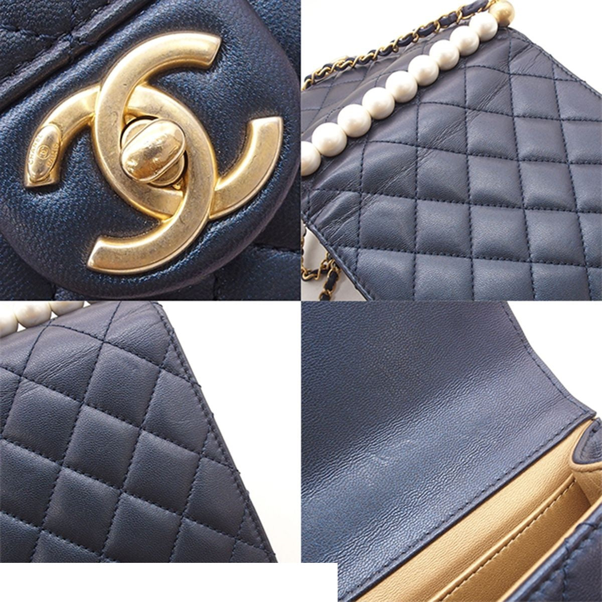 Chanel Chain Shoulder Bag Quilted CC Logo Navy Gold Lambskin Costume Pearl — view 8
