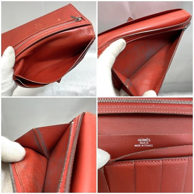 Hermes Bifold Long Wallet Bearn Ec21287 Red Wallet Leather