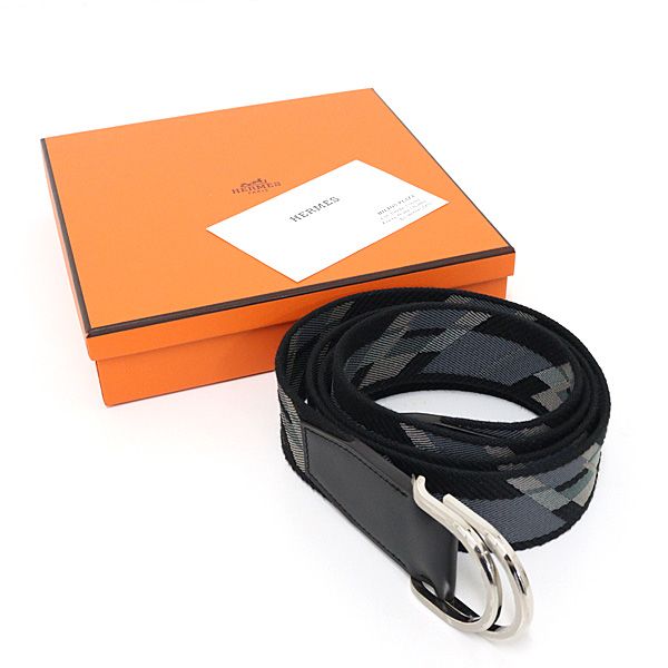 Hermes Double Dring Canvas Belt Black And Gray Silver Hardware Stamped Y (2020)