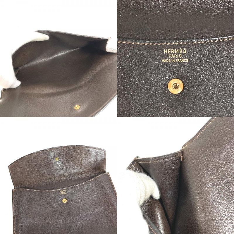 Hermes Clutch Bag Logo Leather Brown