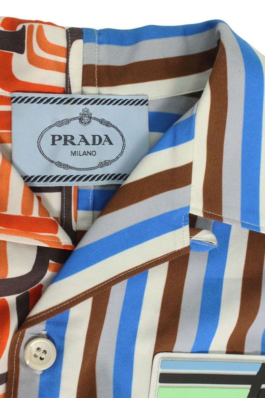 Prada Ucs319 S182 1R7Y Double Match Flame Stripe Short Sleeve Shirt Men's S