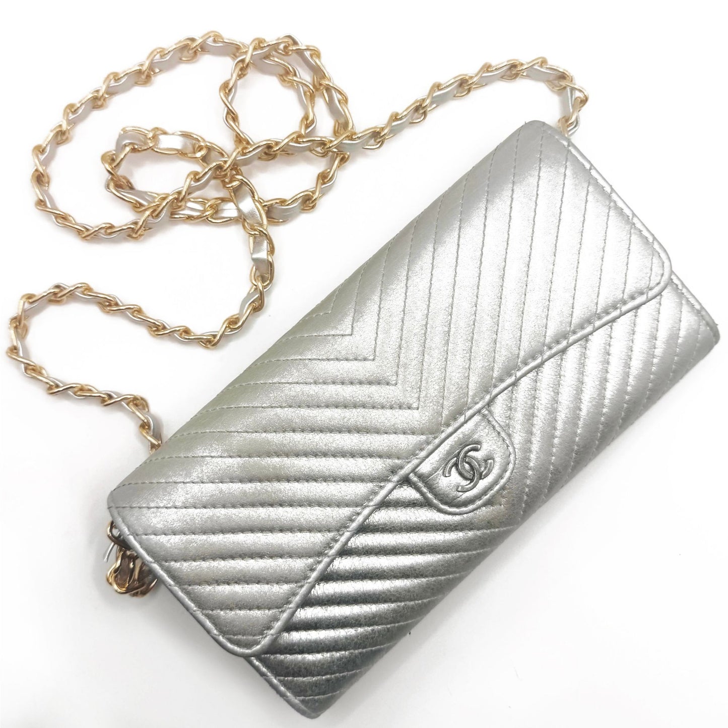 CHANEL CC Chevron Timeless Caviar Flap Wallet Chain Purse Silver Bag