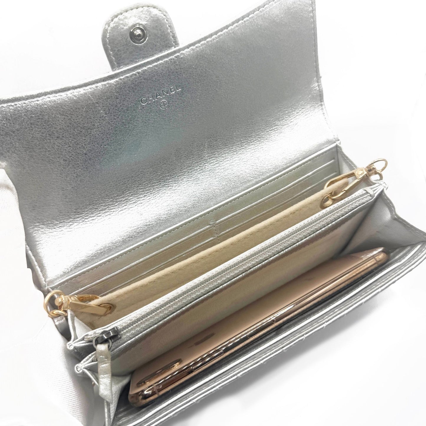CHANEL CC Chevron Timeless Caviar Flap Wallet Chain Purse Silver Bag
