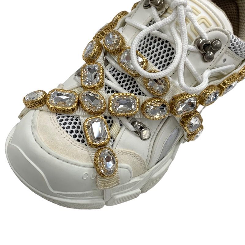 Gucci Flashtrek Sneakers Shoes Leather Fabric White Beige White Gold Logo Bijou