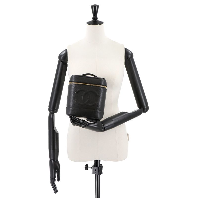 Chanel Vanity Hand Bag Caviar Skin Leather Black A01998 Coco Mark Gold Hardware