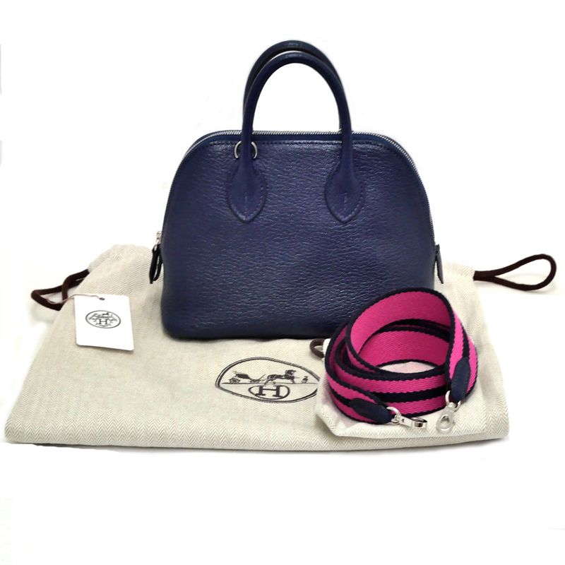 Hermes Bolide 1923 Mini Chevre Navy Silver Hardware W Engraved 2WAY