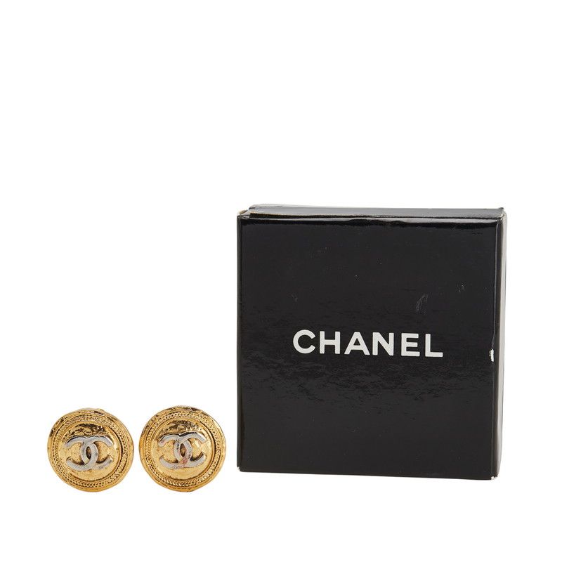 Chanel Earrings Vintage 24K CC Coco Mark Round Gold Silver Plated Ladies