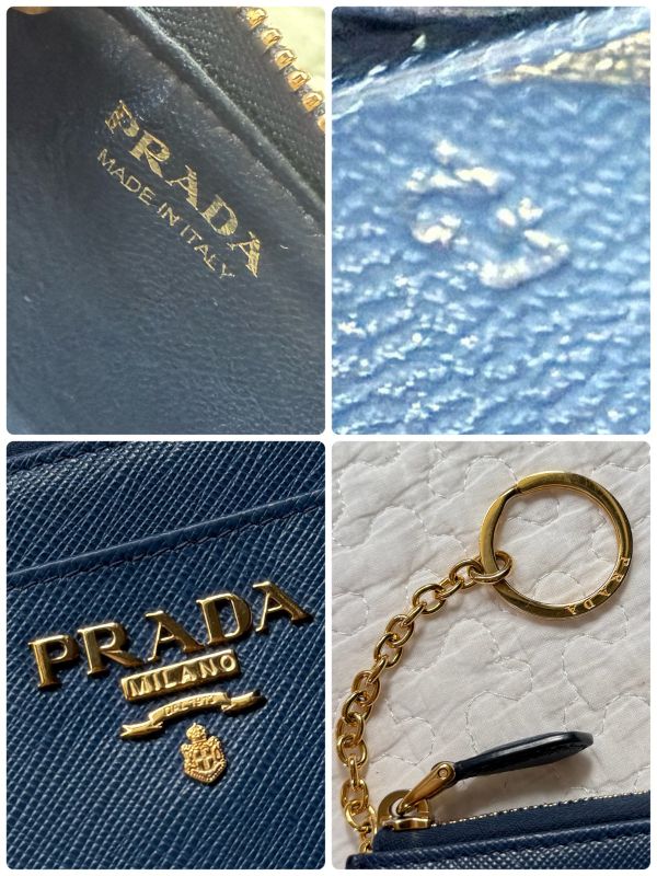 Prada Saffiano Leather Coin Case with Key Ring Navy Gold Hardware 1pp122 Bruette