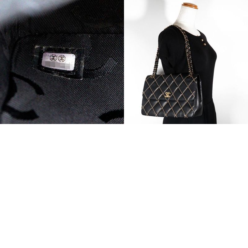Chanel Wild Stitch Double Chain Shoulder Leather Black Women's Shoulder Bag
