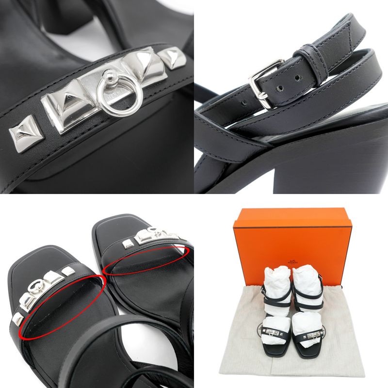 Hermes Sandals Eveless BK Svhardware 37 1 2 Leather Ankle Strap Women's