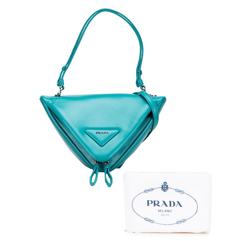 Prada Triangle Handbag Shoulder Bag 2WAY 1ba315 Blue Green Padded Nappa Leather