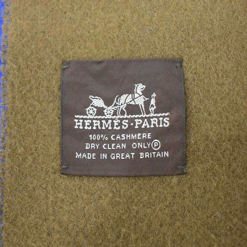 Hermes Logo Embroidery Bicolor Cashmere Fringe Scarf Blue Brown