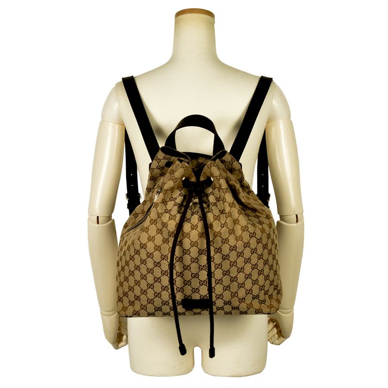 Gucci Backpack GG Canvas Leather Beige Silver Hardware Drawstring Shape