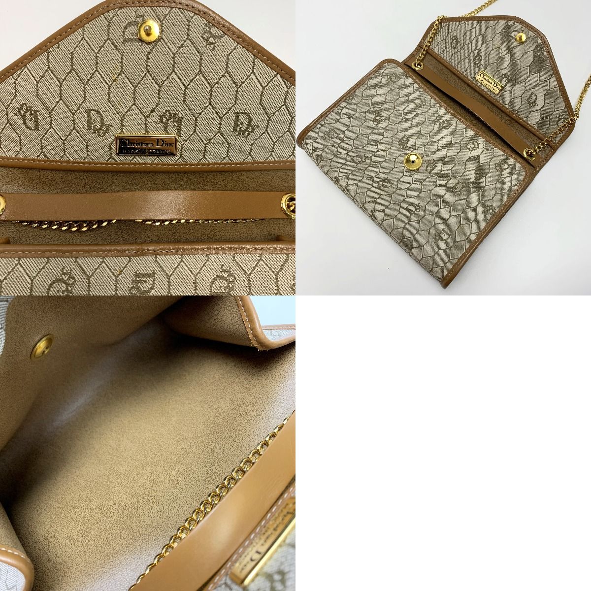 Christian Dior Honeycomb Trotter Beige Chain Shoulder Bag Gold Hardware