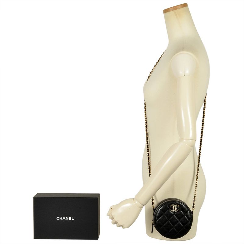 Chanel Round Chain Shoulder Bag Caviar Skin Ap2034 Black Gold Hardware 8 Digits