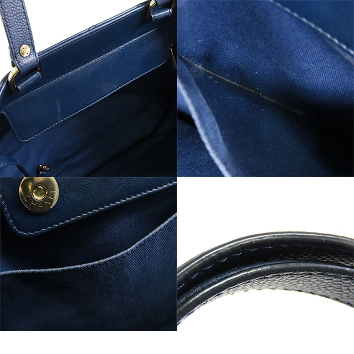 Chanel Quilted Caviar Tote Bag Navy Gold Calfskin — view 8