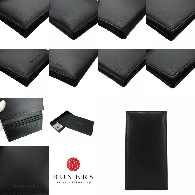 Bvlgari Long Wallet Leather Black Fold Long Billfold Change Purse None Men