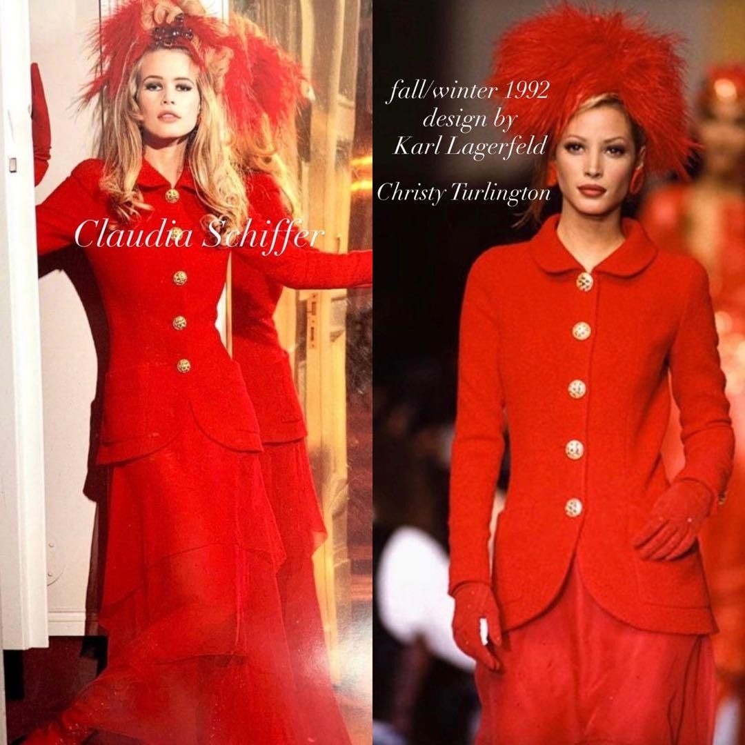 CHANEL Runway Tweed Jacket Skirt Set Iconic Wool Blend Suit Set Red 38