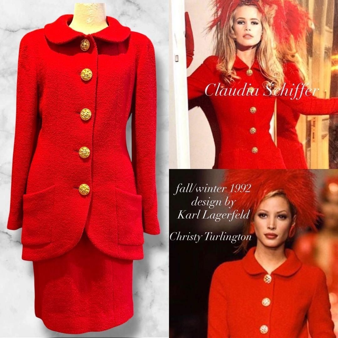 CHANEL Runway Tweed Jacket Skirt Set Iconic Wool Blend Suit Set Red 38