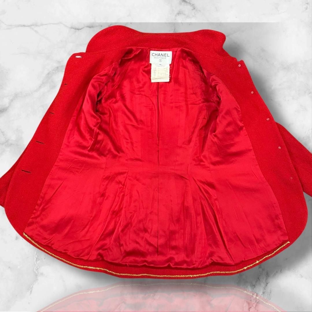 CHANEL Runway Tweed Jacket Skirt Set Iconic Wool Blend Suit Set Red 38