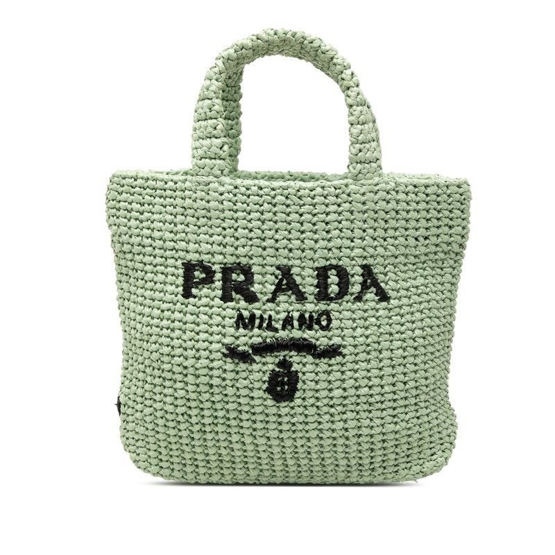 Prada Triangle Logo Small Crochet Tote Bag Green Raffia
