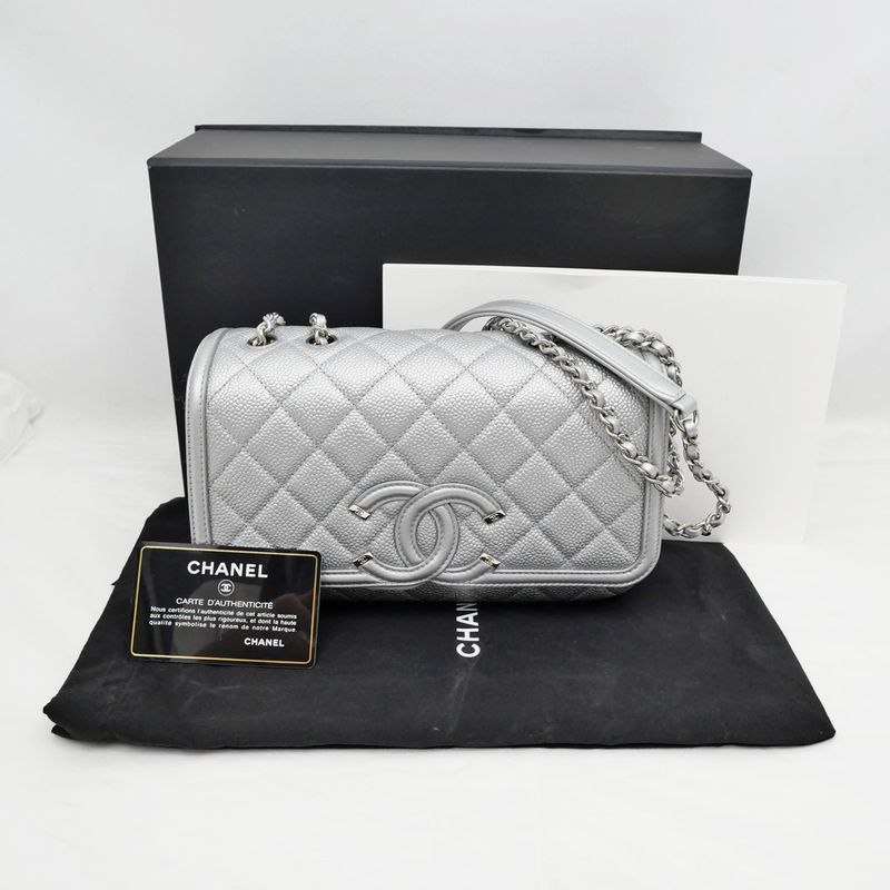 Chanel Small Chain Shoulder Bag Filigree Caviar Skin Silver Hardware