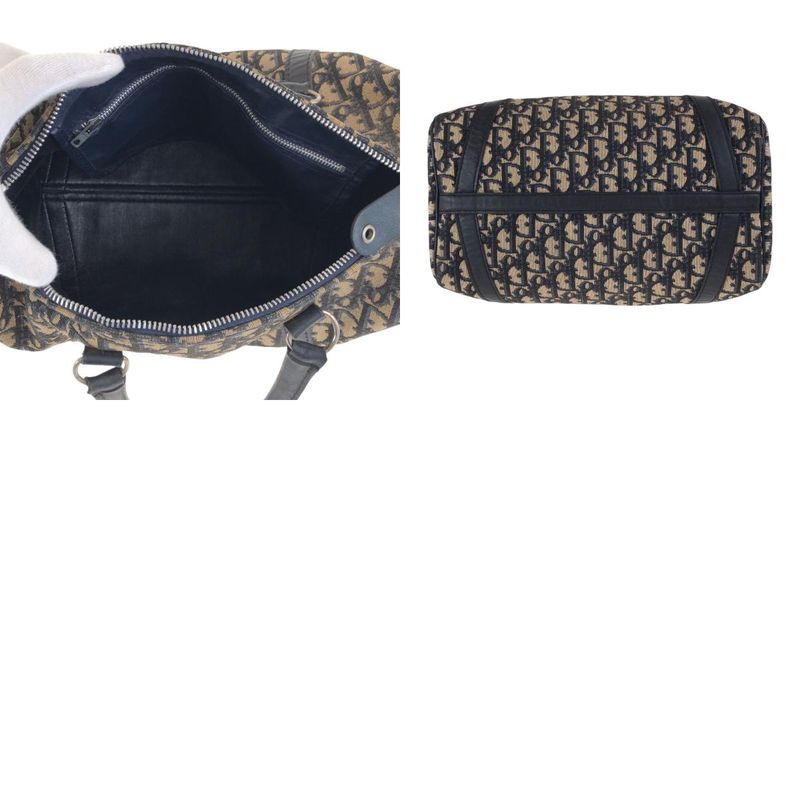 DIOR Vintage Trotter Navy Beige Silver Hardware Canvas/leather Handbag Boston