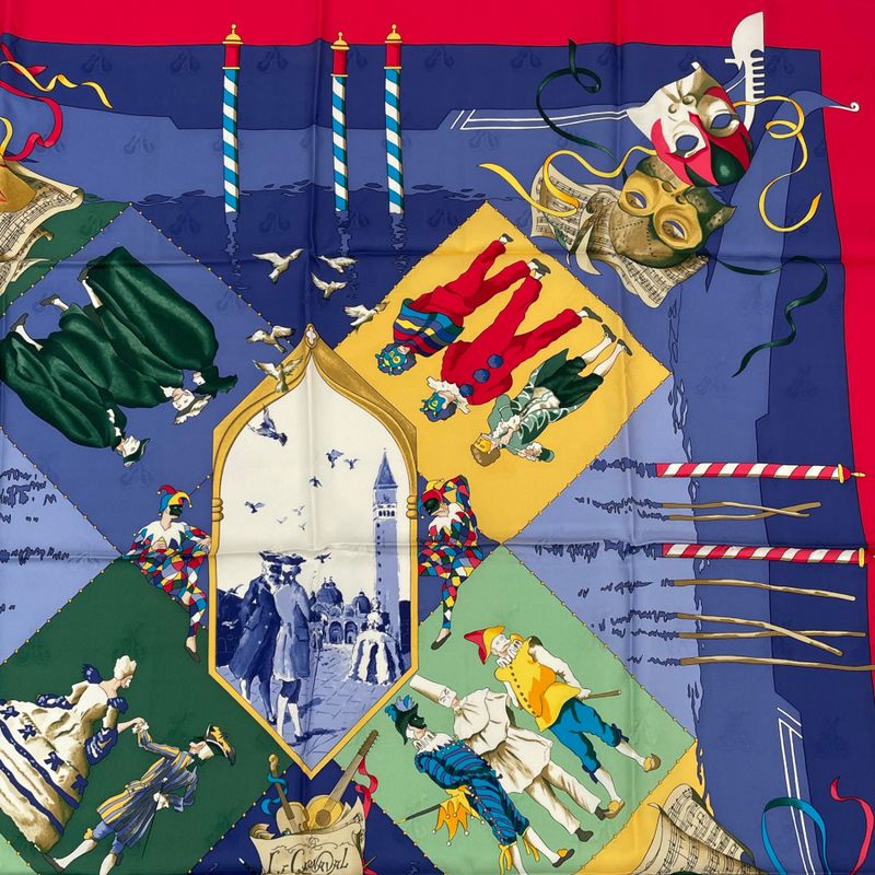 Hermes Carre 90 Carnaval DE Venise Carnival Of Venice Scarf 100% Silk Blue Red
