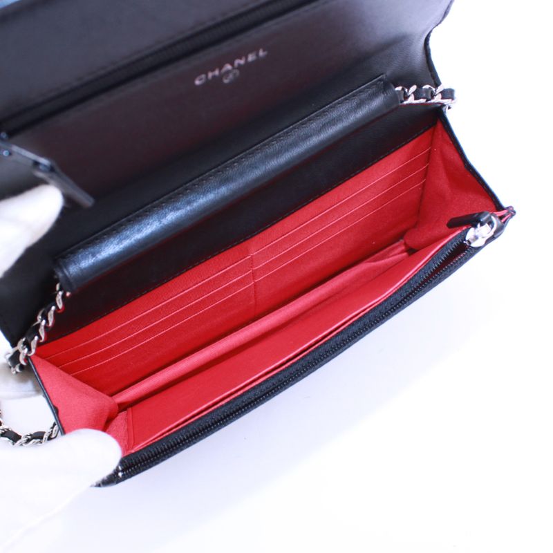 Chanel Typography Chain Wallet Leather Black Multicolor Shoulder Bag Silver